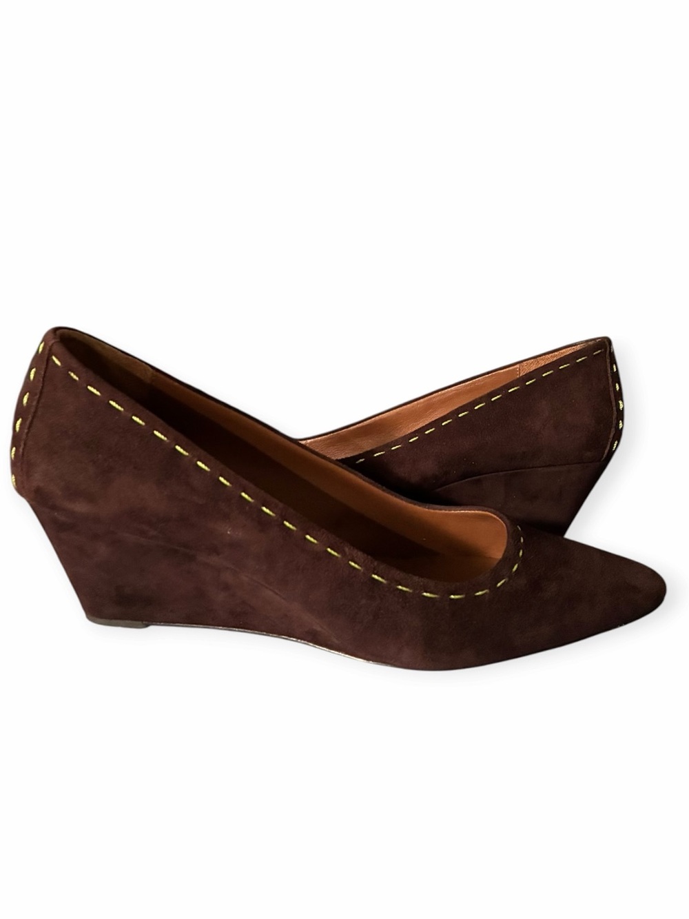 Donald J Plinet Brown Suede Wedge Pumps with Contrast Stitching